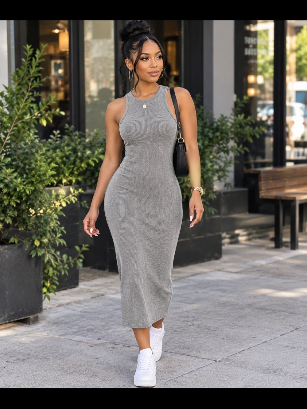 Sleek Grey Ribbed Midi Dress - Classic Fit